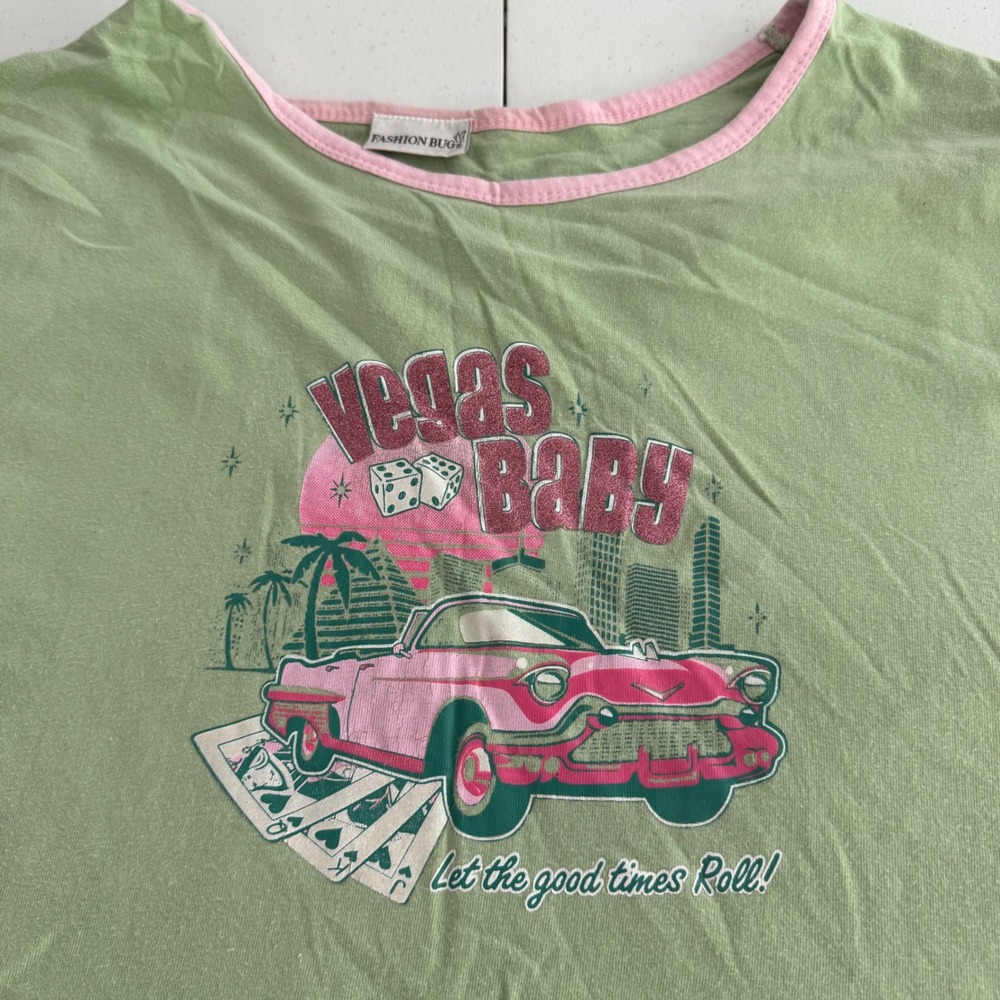 Vegas Baby Graphic T-Shirt Womens 2X Green Pink Ringer Tee Short Sleeve Cotton
